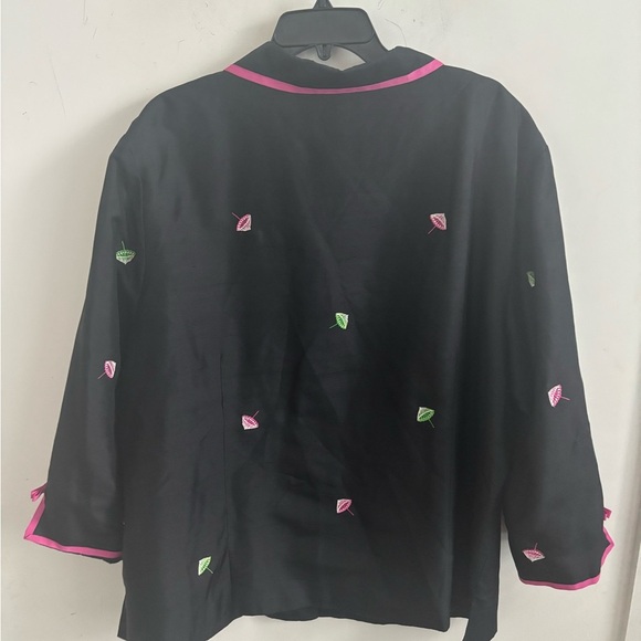Silkland Jacket Silk Embroidered Umbrella Print Artsy Vintage Lounge Pink Trim - Picture 4 of 4